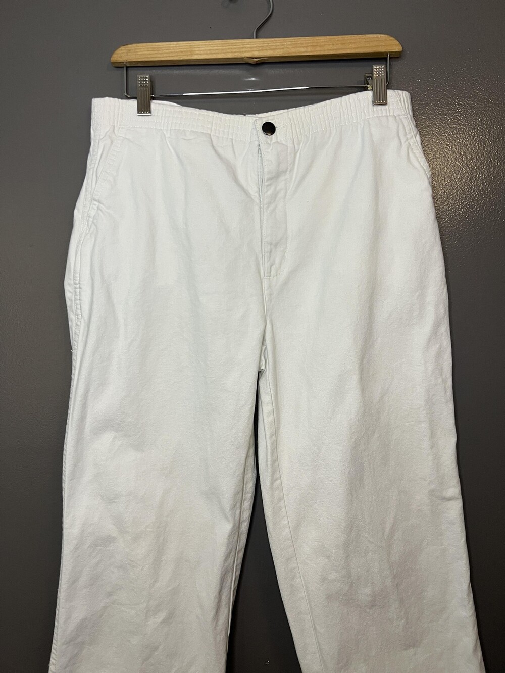Vintage Badge Pants Mens 30x35 White Elastic Waist Cotton Straight Leg 90s